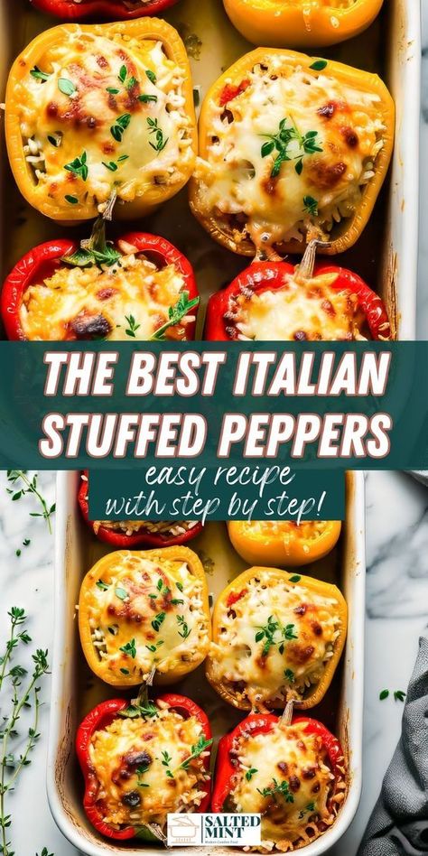 Make these Italian stuffed peppers with rice, beef or Italian sausage, and mozzarella cheese. Ideal for easy stuffed peppers and family dinner ideas using sweet bell peppers. Stuffed Bell Peppers Ground Sausage, Hawaiian Pizza Stuffed Peppers, Italian Bell Peppers Stuffed, Stuffed Bell Peppers Freezer Meal, Stuffed Bell Peppers For 2 People, Stuffed Bell Peppers With Tomato Soup, Stuffed Bell Peppers With Sweet Italian Sausage, Meatball Stuffed Peppers, Stuffed Peppers Side Dish Ideas