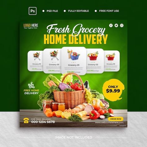 Premium PSD | Grocery sale social media post template Store Flyers, Adobe Illustrator Graphic Design, Social Media Post Template, Fresh Groceries, Online Grocery Shopping, Delivery Groceries, Post Design, Post Templates, Media Post