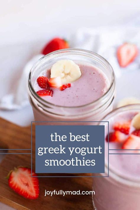 Start your morning with these Greek Yogurt Smoothie Recipes you need to try ASAP! There are so many flavors that you can experiment with. Greek yogurt smoothies can be healthy AND delicious! Smoothie Recipes Healthy With Yogurt, Smoothies Using Greek Yogurt, Plain Yogurt Smoothie Recipes, Mixed Fruit Smoothie Recipes With Yogurt, Yogurt And Fruit Smoothie, Vanilla Yogurt Smoothie Recipes, Healthy Yogurt Smoothies, Protein Smoothie With Greek Yogurt, Protein Smoothie With Yogurt