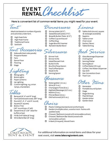 Today you can rent just about anything from a party rental provider. Use this checklist to plan what rental items you'll need for your party. Backyard Wedding Checklist, Rental Checklist, Party Rental Ideas, Event Rental Business, Wedding Budget Spreadsheet, Party Rentals Business, Event Checklist, Party Planning Business, Wedding Budget Planner