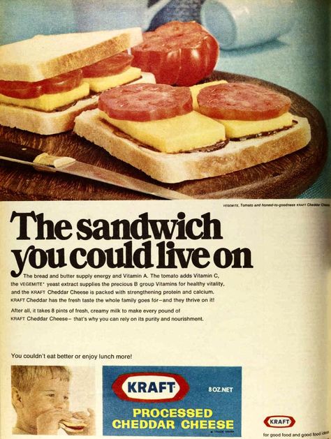 Kraft Processed Cheddar Cheese Slices Ad 1970s Food, Tomato Sandwiches, Kraft Cheese, Mustard Pickles, Cheese Tomato, Australian Vintage, Funny Ads, Artisan Cheese, Food Ads