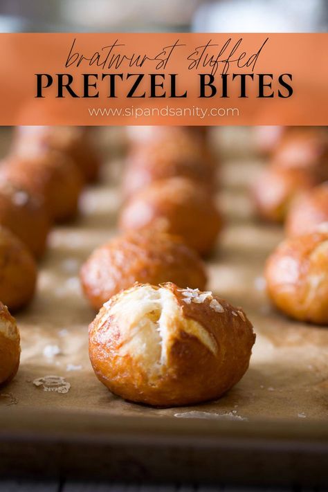 Stuffed Pretzel Bites, German Bratwurst, German Pretzels, Beer Cheese Fondue, Bavarian Pretzel, Beer Mustard, German Sausage, Baking Soda Bath, Bite Size Food