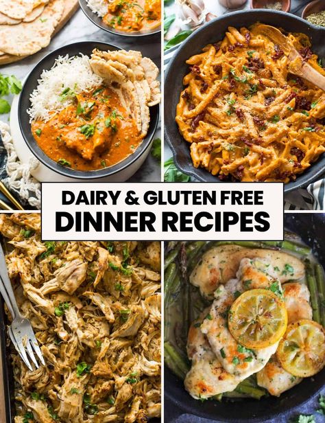 Over a month of gluten and dairy free recipes that are easy to make for busy people! Find a range of one pan dinners, pastas, soups and take out inspired... Low Dairy Meals, Quick Easy Dinner Gluten Free, Quick Dairy Free Chicken Recipes, Df And Gf Dinner Recipes, Gluten Free And Dairy Free Dinner Ideas, No Dairy Meal Plan, Best Dairy Free Dinner Recipes, Non Meat Dinners Healthy, Df Gf Meals