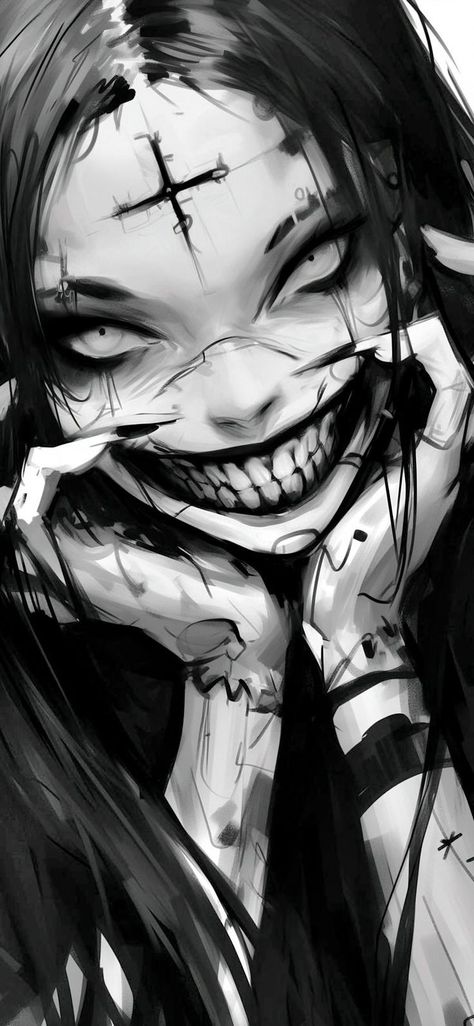 Halloween Monster Drawing, Creepy Girl Drawing, Dark Horror Drawings, Creepy Wallpaper Dark Horror, Creepy Face Drawing, Creepy Anime Pfp, Creepy Smile Drawing, Dark Horror Wallpaper, Creepy Drawing Ideas Dark Art