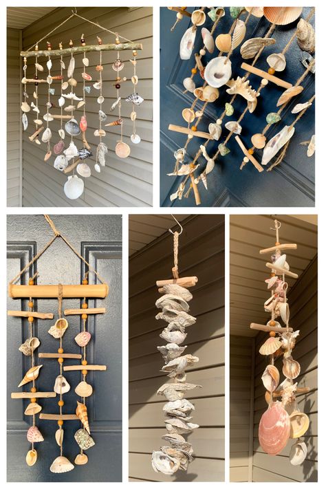 Enjoy the sounds of a day at the beach with this large handcrafted seashell wind chime. This beautiful coastal creation can be used as an outdoor wind chime or as a unique indoor sea shell wall hanging. Seashell Windchimes, Nautical Farmhouse, Seashell Mobile, Seashell Wind Chime, Shell Wall Hanging, Seashell Ideas, Coastal Creations, Seashell Artwork, Large Wind Chimes