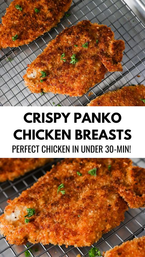 Crispy Panko breaded pan-fried chicken breasts Crispy Baked Chicken Recipes, Panko Chicken Parmesan, Baked Chicken Recipes Crispy, Simple Breaded Chicken, Baked Chicken Recipes Breaded, Chicken Recipes Breaded, Chicken Parmesan Recipe Panko, Crispy Chicken Dinner Ideas, Crispy Parmesan Crusted Chicken