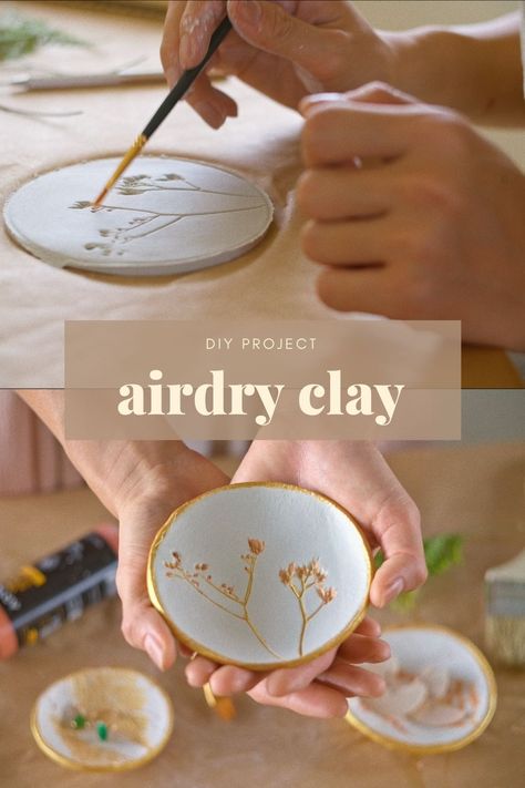 Clay Imprints With Plants And Flowers, What Paint To Use On Air Dry Clay, Air Dry Clay How To Use, Air Dry Clay Flower Press, How To Dry Polymer Clay, Air Dry Clay Fathers Day, How To Make Clay Plates At Home, Diy Dry Clay Projects, Terracotta Clay Crafts Diy Projects