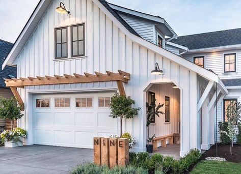 Pergola Awning Over Garage, Cedar Trellis Over Garage, Wood Pergola Over Garage Door, Houses With Shiplap Exterior, Modern Garage Trellis, Garage Doors Pergola, Wooden Trellis Over Garage Door, Vines Over Garage, Pergola Over Shed Door