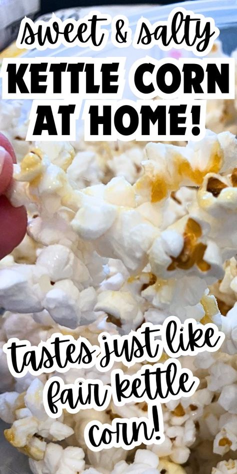 Diy Kettle Corn, Fun Snack Recipes, Kettle Corn Popcorn Recipe, Homemade Popcorn Seasoning Recipes, Homemade Popcorn Seasoning, Popcorn Seasoning Recipes, Homemade Kettle Corn, Popcorn Recipes Sweet, Kettle Corn Recipe