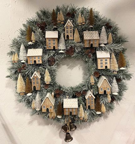 Creative Christmas Wreaths - Kelly Elko Christmas Village Wreath, Glitter Pinecones, Village Wreath, House Wreath, Wreath Greenery, Handmade Christmas Wreaths, Brush Trees, Wood House, Wooden Houses