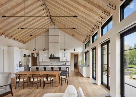 Vaulted Ceiling Kitchen, Modern Barn House, Farmhouse Kitchen Cabinets, Barn Style House, Modern Barn, Modern Cabin, Cathedral Ceiling, Vaulted Ceiling, Barn Style