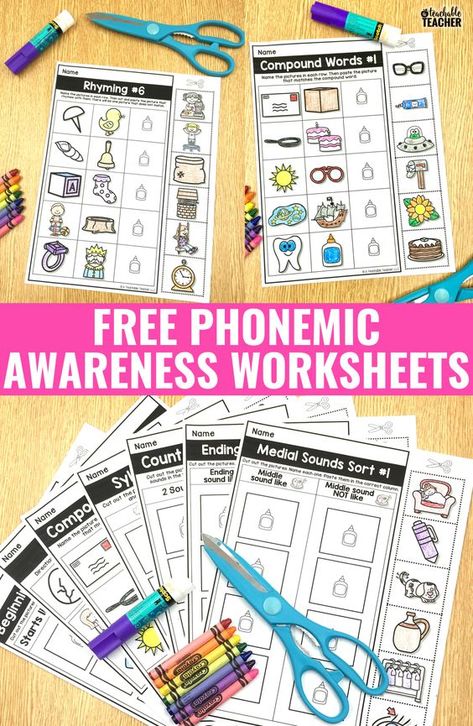 FREE phonemic awareness worksheets...these activities are perfect for kindergarten and first grade! Beginning sounds sorts, rhyming and more! Free Phonemic Awareness Printables, Phonemic Awareness Activities, Preschool Reading, Worksheets Kindergarten, Kindergarten Ela, Reading Games, Phonics Kindergarten, Struggling Readers, Phonological Awareness