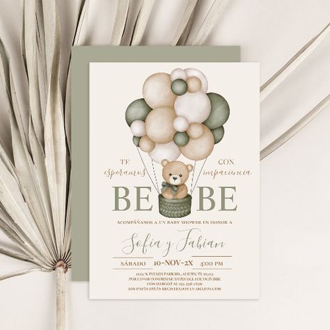 Bear Balloons Boy Baby Shower Spanish Invitation #zazzle #weddinginvitations #birthdayinvitations #babyshowerinvitations #zazzleinvitations #monogram #businesscards #graduation #homedecor Teddy Bear Invitation Template, Bear Invitation Template, Baby Shower Verde, Creek Logo, Baby Shower Invitations Templates, Spanish Invitations, Sage Green Baby Shower, Bear Template, Baby Brunch