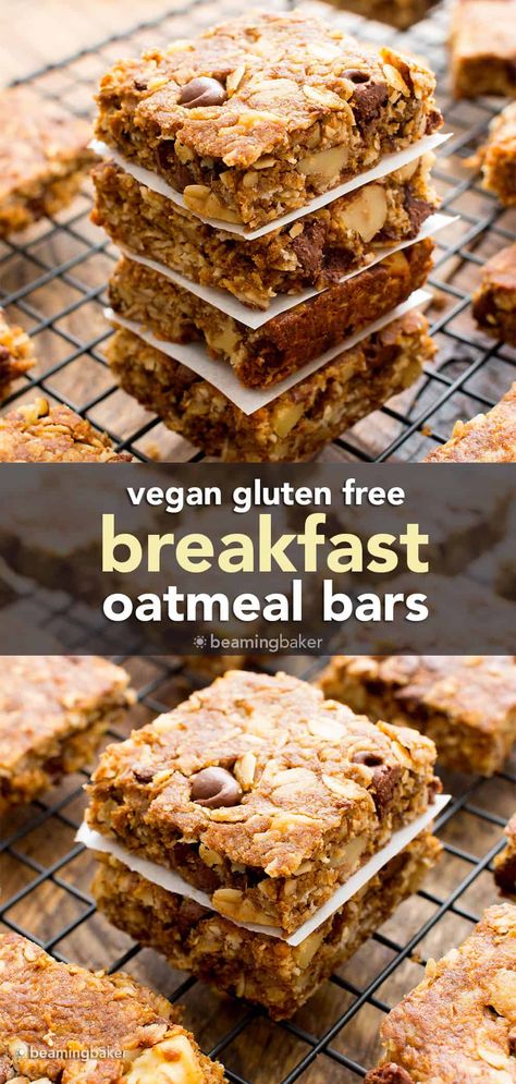 These vegan breakfast bars take breakfast to a whole new level with fiber-rich oats and oat flour, healthy fats from creamy nut butter and your favorite add-ins! Gluten free oatmeal bars without eggs never tasted so good! Dairy-Free. | Recipe at beamingbaker.com Vegan Breakfast Bars, Breakfast Oatmeal Bars, Gluten Free Oatmeal Bars, Gluten Free Breakfast Bars, Vegan Gluten Free Breakfast, Oatmeal Breakfast Bars, Vegan Oatmeal, Dairy Free Breakfasts, Gluten Free Oatmeal