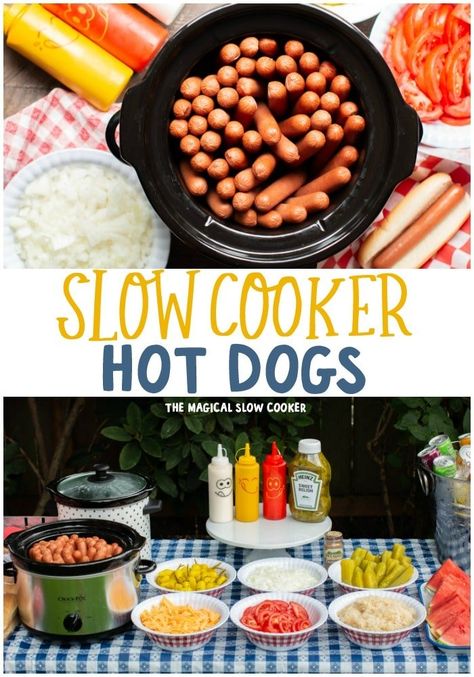 Slow Cooker Hot Dogs are a wonderful way to feed a crowd and taste just as good as hot dogs from a food cart! #hotdogs #hotdogbar #slowcooker Hot Dog Crock Pot Recipes, Hot Dog Crockpot, Hotdogs For A Crowd, Hotdogs In Crockpot, Hot Dogs In Crock Pot, Crockpot Hotdogs, Crock Pot Hot Dogs, Hot Dogs For A Crowd, Cooking Hot Dogs