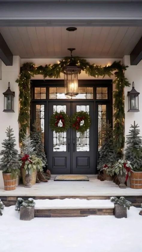 30+ Genius Christmas Front Porch Decorating Ideas - HubPages Outdoor Christmas Entryway, Mini Christmas Tree Front Porch, Christmas Porch Decor Garland, Cedar Garland Front Porch, Christmas Cedar Decor, Outside Home Christmas Decor, Christmas Garland Over Front Door, Holiday Front Door Decor Porch Ideas, Small House Outdoor Christmas Decor