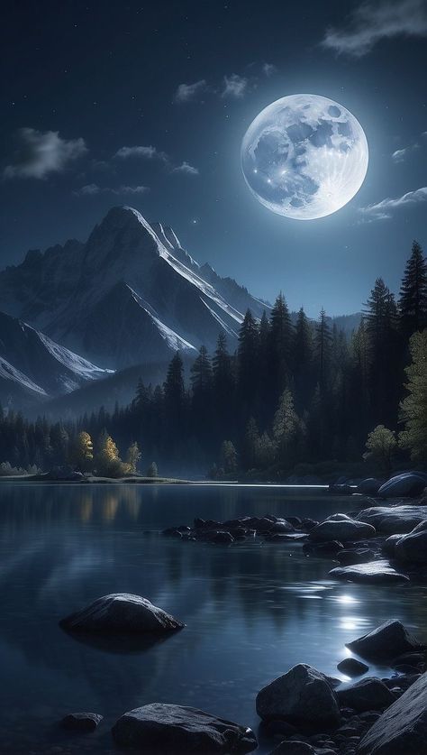 Moon Mountain Wallpaper, Moon And Mountains Painting, Background Moon Aesthetic, Mountain Lake Aesthetic, Night Lake Aesthetic, Bulan Aesthetic Night, Fantasy Moon Art, La Luna Aesthetic, Aesthetic Mountain Pictures