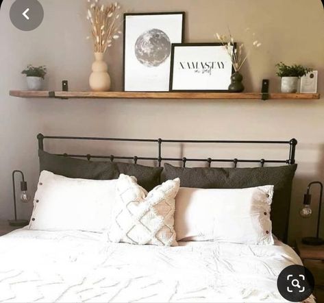 Long Shelf Above Bed, Shelf Above Bed Decor, Picture Ledge Ideas, Shelving Above Bed, Bedroom Shelf Decor, Headboard Shelf, Above Bed Ideas, Shelf Above Bed, Bedroom Wall Decor Above Bed