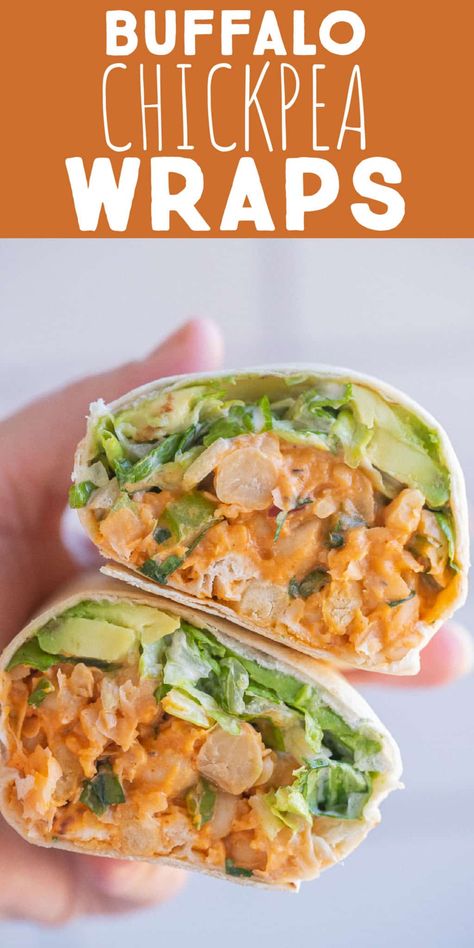 Looking for a delicious vegetarian lunch recipe that's anything but boring? These Buffalo Chickpea Wraps are packed with protein and tangy buffalo flavor. You can make the chickpea salad ahead of time so these wraps can be quickly assembled in the morning for a healthy and filling lunch. #chickpeasalad #buffalochickpeas #wraprecipe #vegetaranfood #mealprep Few Ingredient Vegetarian Dinner, Vegan Buffalo Chickpea Wrap, Vegetarian Buffalo Wrap, Lunch Recipes With Hummus, Vegan Buffalo Wrap, Vegetarian Food Prep For The Week, High Protein Chickpea Salad, Vegaterian Meals Healthy, Easy High Protein Vegetarian Recipes