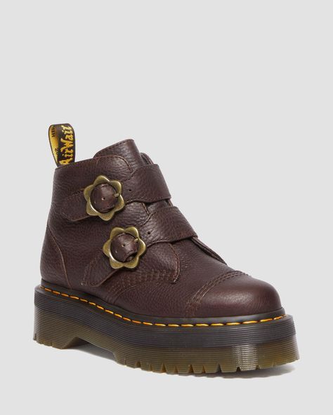 Shop Devon Flower Buckle Grizzly Leather Platform Boots in Dark Brown at Dr. Martens. Free delivery on orders over $50 Sepatu Platform, Brown Dr Martens, Leather Platform Boots, Dr Shoes, Yellow Heels, Funky Shoes, Shoe Inspo, Swag Shoes, Pretty Shoes