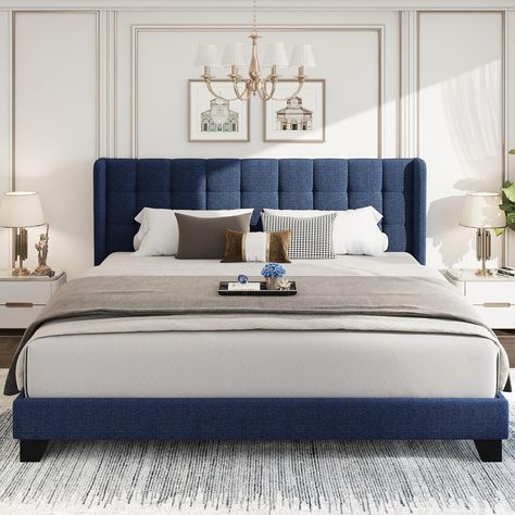 Amazon.com: WEEWAY King Size Wingback Upholstered Platform Bed Frame with Box-Tufted Stitched Headboard and Wooden Slats/No Box Spring Needed/Easy Assembly, Dark Blue : Home & Kitchen Navy Bed Frame, Navy Blue Bedroom Furniture, Royal Blue Bed, Navy Blue Headboard, Navy Blue Bed, Navy Bed, Carbon Fabric, Headboard Bedroom, Navy Bedding