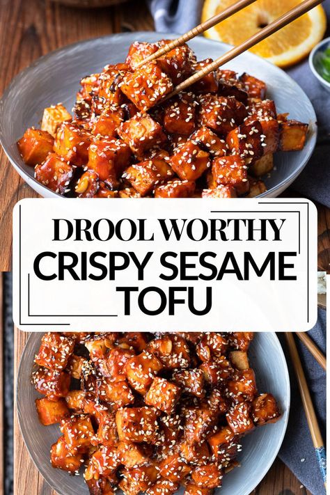 Close-up of crispy sesame tofu, highlighting the sticky glaze and sesame seed topping. Is Tofu Healthy, Best Tofu Recipes, Sticky Tofu, Sesame Tofu, Cooking Tofu, Gluten Free Dinner Easy, Healthy Dinner Options, Tofu Recipe, Tofu Dishes