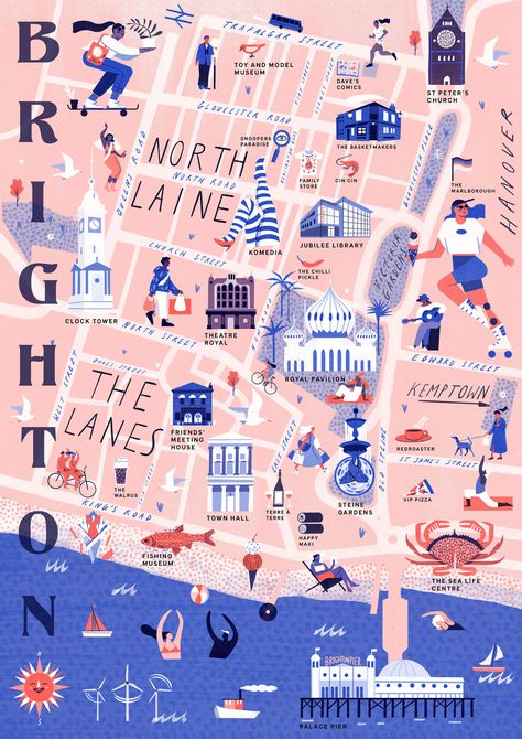 Maps Illustration Design, City Maps Illustration, Brighton Map, Town Drawing, Room Collage, Illustrated Maps, Studio Workshop, Town Map, Riso Print