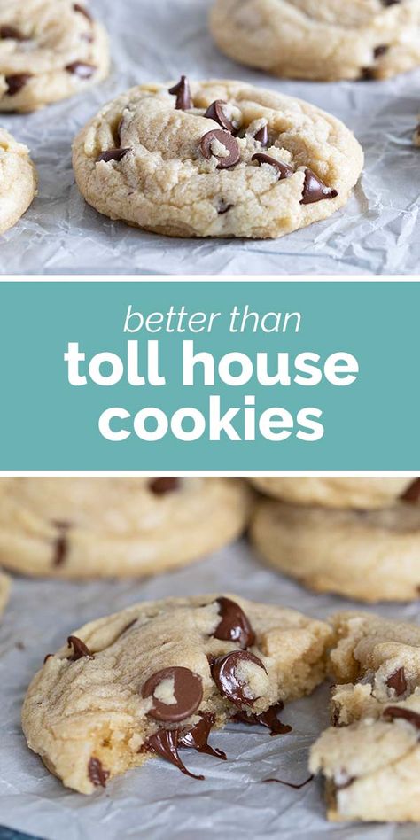 The Toll House Cookie recipe that mom used to make, but better! Soft in the middle and crispy on the edges, this just may be the perfect chocolate chip cookie. Better Than Tollhouse Cookies, Toll House Chocolate Chip Cookies Recipe, Nestle Cookie Recipe, Toll House Cookie Recipe, Toll House Chocolate Chip Cookies, Nestle Cookies, Toll House Cookies, Gooey Desserts, Tollhouse Cookie Recipe