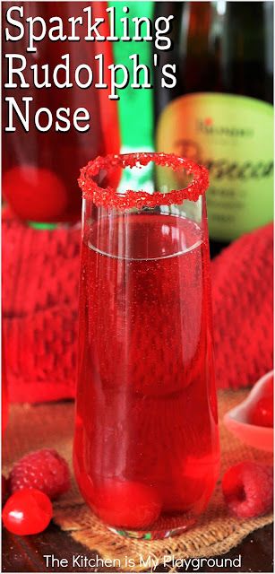 Sparkling Rudolph's Nose Christmas Cocktail ~ With its tasty combination, bright red hue, & adorable Rudolph's nose in the bottom of the glass, a Sparkling Rudolph's Nose is the perfect cocktail for Christmas! www.thekitchenismyplayground.com Rudolph Cocktail, Red Alcoholic Drinks, Gathering Recipes, Fruity Mixed Drinks, Frozen Christmas, Cocktails Recipes, Christmas Foods, Christmas Cocktail, Holiday Eating