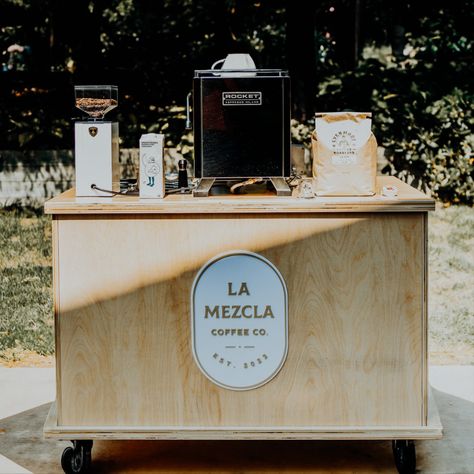 Coffee Cart by La Mezcla Coffee Photo By Gracie Elena Photography Coffee Cart For Events, Drink Vendor Booth Ideas, Mobile Coffee Cart Ideas, Coffee Cart Aesthetic, Wedding Coffee Cart, Coffee Cart Ideas Business, Diy Coffee Cart, Portable Cafe, Coffee Cart Ideas