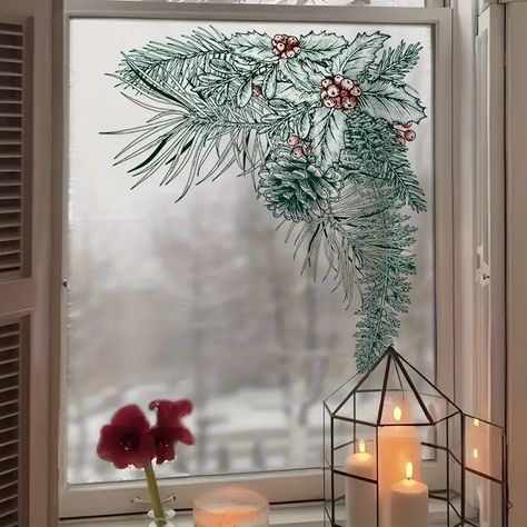 Christmas Pvc Glass Sticker, Green Plant Glass Film Waterproof Removable Window Static Sticker Christmas Decoration Window Flower Sticker - Temu Window Corner, Stained Glass Window Film, Christmas Window Display, Christmas Plants, Christmas Window Decorations, Christmas Border, Wallpaper Furniture, Window Films, Plant Wallpaper