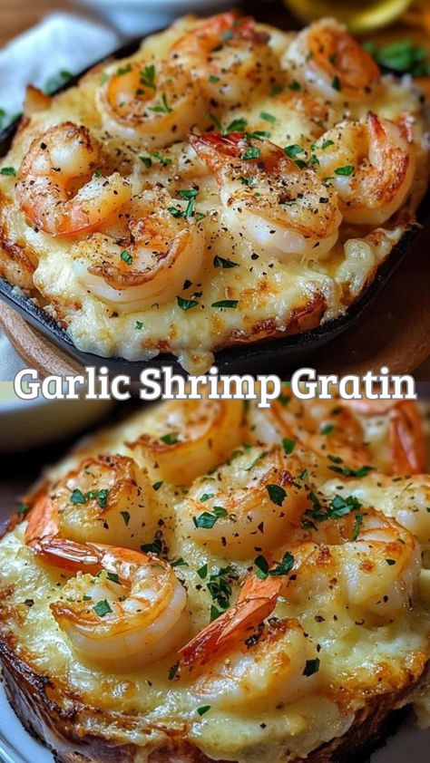 Delicious Garlic Shrimp Gratin Recipe - Easy & Flavorful! - Delicious Recipes - Easy Cooking Ideas and Tasty Dishes Easy Fish Dinner Recipes For Family, Shrimp Gratin Recipes, Cheesy Shrimp Casserole, Dinner Recipes For Family Shrimp, Something Light For Dinner, Shrimp Recipes In Oven, Shrimp Sides Dinners, Shrimp Potato Recipes, Ideas For Christmas Dinner Families