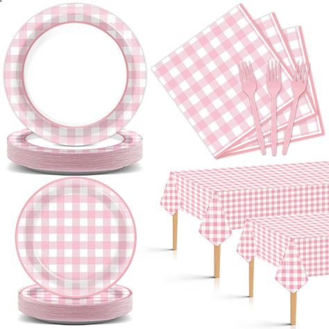 PRICES MAY VARY. Package included: You will receive 2 pack 9 x 4.5ft pink plaid theme tablecloth, 24pcs 9 inch camp gingham paper dinner plates, 24pcs 7 inch gingham checkered dessert plates, 24pcs 6.5 inch pink and white plaid napkins and 24pcs pink forks, each set can serve 24 guests. Pink and white plaid design: Featuring a pink and white gingham checkered design, our pink gingham party supplies add a touch of elegance to any occasion. Create a appealing table decor with these pink plaid pape Pink Checkered Party Decor, Pink Gingham Farm Birthday Party, Pink Gingham Pumpkin Party, Pink Gingham 1st Birthday, Winter Baby Birthday Party, Pink Gingham Baby Shower Ideas, Pink Gingham Party, Pink Party Plates, Winter Baby Birthday