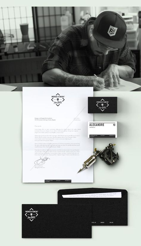 Frères d'Encre Tattoo Shop brand identity and stationery design by Carolane Godbout and Sebastien Dust Leblanc. #branding Nicole Tattoo, Black Sheep Tattoo, Ink Logo, Tattoo Logo, Tattoo Salon, Tattoo Parlor, Tattoo Photography, Tattoo Graphic, Tattoo Project