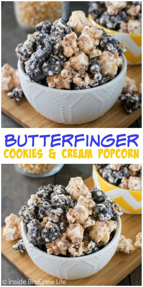 Summer Themed Food, Butterfingers Cookies, Chocolate Oreo Cookies, Oreo Popcorn, Gourmet Popcorn Recipes, Flavored Popcorn Recipes, Butterfinger Cookies, Popcorn Recipes Easy, Chocolate Covered Popcorn