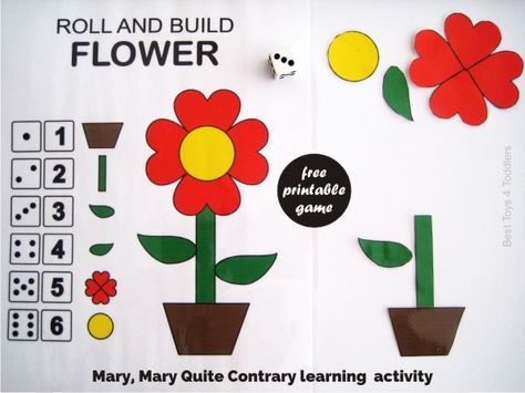 Mary Mary Quite Contrary - Free printable Roll & Build Flower game for toddlers and preschoolers Roll And Build, Build Snowman, Toys For Preschoolers, Build A Flower, Mary Mary Quite Contrary, Mary Quite Contrary, Preschool Garden, Planting For Kids, Flower Games