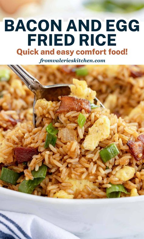 The classic flavors of bacon and eggs quickly stir-fried with rice, onions and soy sauce. This quick and easy Bacon and Egg Fried Rice recipe is delicious any time of day or night!