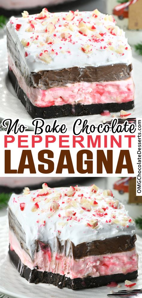 Chocolate Peppermint Lasagna is super easy no-bake Christmas dessert recipe that can be thrown together in 20 minutes and kept in the fridge until ready to use. This chocolate peppermint dessert looks like a winter wonderland and it’s great for serving at holiday dinner, bringing to a potluck, get-together, or party. via @https://www.pinterest.com/omgchocodessets/ No Bake Christmas Lush, Peppermint Lush Dessert, Candy Cane Lush Dessert, Dessert Lasagna Recipes, Sweet Lasagna, Christmas Lasagna Dessert, No Bake Christmas Desserts, Dessert Lasagnas, Thanksgiving Desert