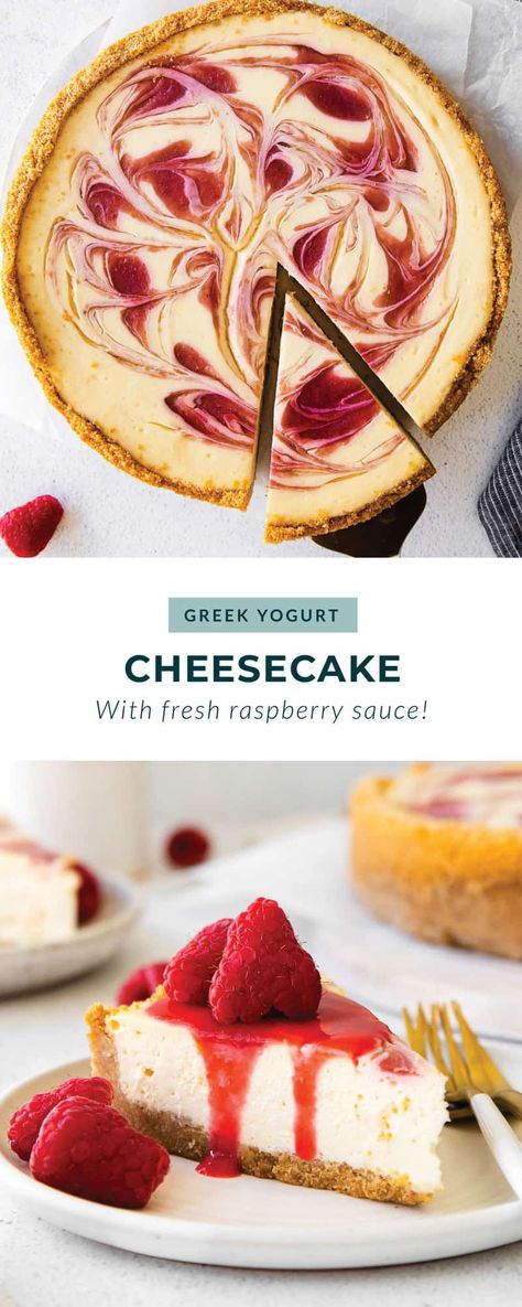 This is our signature Greek Yogurt Cheesecake recipe (AKA Healthy Cheesecake). It's made with cream cheese, Greek yogurt, honey, and a homemade raspberry sauce Healthier Cheesecake, Healthy Cheesecake Recipes, Greek Yogurt Honey, Cream Cheese Cheesecake, Greek Yogurt Cheesecake, Yogurt Cheesecake, Yogurt Honey, Yogurt Dessert, Cream Cheese Pie