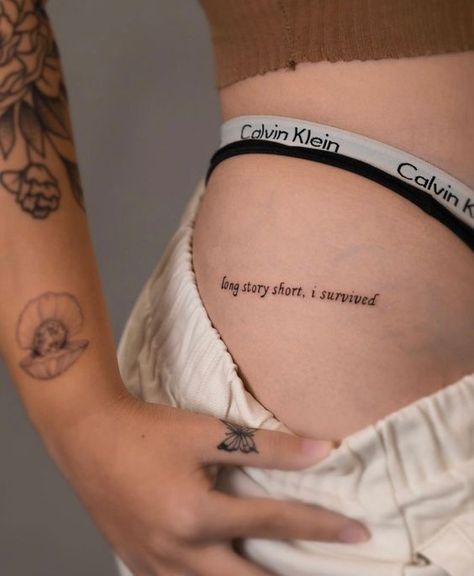 Tattoo Placements For Words, Cute Tattoos Spine, Women Leg Tattoo Ideas Unique, Hurt Tatoos Ideas, Tattoos For Dead People, Tattoo Ideas For Nurses, Quaint Tattoos, Dont Stop Tattoo, Tattoo Ideas Female Meaningful Quotes For Women