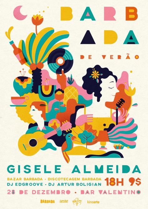 BARBADA is an event that happens in Brazil. It's focused on contemporary music and features performances by local and national bands and DJs. Both the event and the design of the posters intend to carry the rich brazilian culture. #musicalband #musical #band Band Cover Art Graphic Design, Good Vibes Design, Summer Festival Poster, Ilustrasi Dan Poster, Illustration Culture, Colorful Event, Brazilian Culture, Illustration Design Graphique, Diy Poster