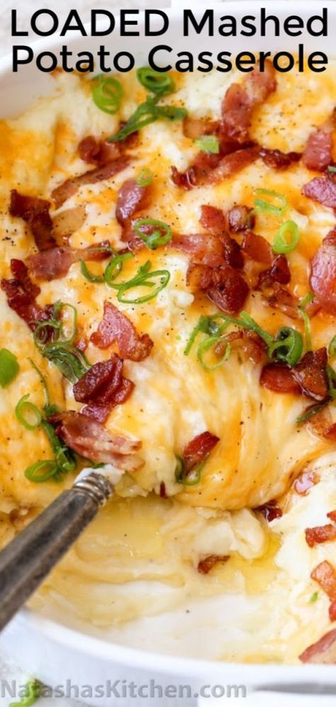 Loaded Mashed Potato Casserole is the perfect side dish. These irresistibly creamy baked mashed potatoes are loaded with cheese and topped with crispy bacon. #loadedpotatoes #loadedbakedpotatoes #potatocasserole #loadedmashedpotatoes #potatoes #natashaskitchen Make Ahead Loaded Mashed Potato Casserole, Creamy Oven Baked Mashed Potatoes, Baked Mashed Potatoes Recipe Ovens, Oven Baked Mashed Potatoes Recipe, Double Mashed Potatoes Recipe, Baked Mash Potatoes In The Oven, Loaded Potatoes In Oven, Mashed Potato Recipes Best, Double Baked Potato Casserole