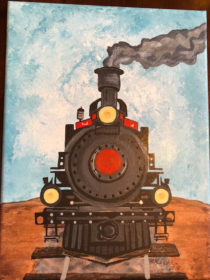 Acrylic painting of a train. Will be used in baby nursery. Will add the month and date to the red circle after the baby is born. Hogwarts Train Painting, Train Canvas Painting, Train Paintings Acrylic, Train Acrylic Painting, Train Painting Easy, Train Painting Acrylic, Train Drawing Simple, Train Painting, Train Artwork