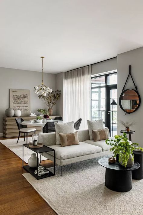 neutral-colored living and dining room with greenery Living Dining Room Combo, Apartemen Studio, Narrow Living Room, Living Room Dining Room Combo, Dining Room Combo, Small Space Living Room, Living Room Spaces, Living And Dining Room, Living Room Decor Apartment