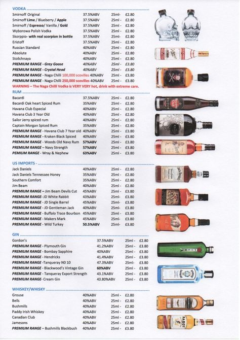 Page two of our fantastic price list Bar List, Liquor List, Polish Vodka, Alcohol Bar, Smirnoff Vodka, Food Vocabulary, Lounge Ideas, Drinks Alcohol, Cooking Basics