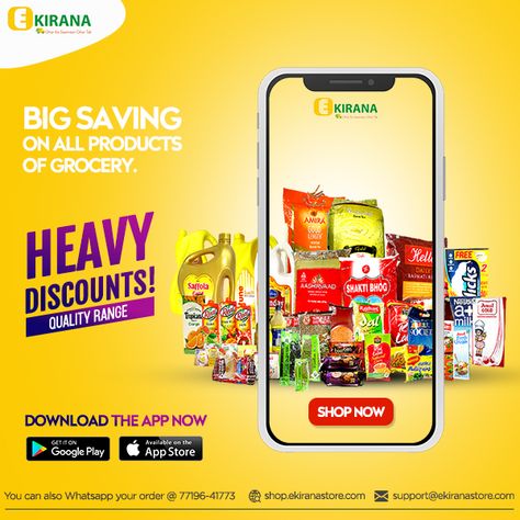 For the Heavy discounts, Download the Ekirana App Now.  WhatsApp your order at 91-7719641773 and we will deliver at your home within 59 minutes. Download Ekirana App: https://play.google.com/store/apps/details… Website: http://shop.ekiranastore.com/ Contact Number: 91-7719641773 Email: support@ekiranastore.com #ekiranastore #groceryshopping #grocery #personalcare #babycare #foodgrain #beverages #kirana #zirakpur #Mohali #kharar #chandigarh #panchkula #healthcare #medicines #bestdeals Supermarket Advertising Design, Delivery App Poster Design, Download The App Ads, Download App Poster, Mobile Advertising Design, Grocery Store Ads, Grocery Ads, Poster Design Layout, Social Media Branding Design