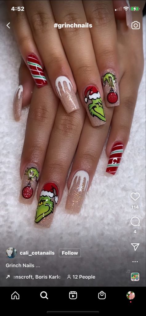 Grinch Theme Nails Acrylic, The Grinch Acrylic Nails, Winter Xmas Nails, Christmas Nail Grinch, Grinch Nails Acrylic Short, November Christmas Nails, Grinch Christmas Acrylic Nails, Cute Christmas Nails Grinch, Christmas Nail Inspo Grinch