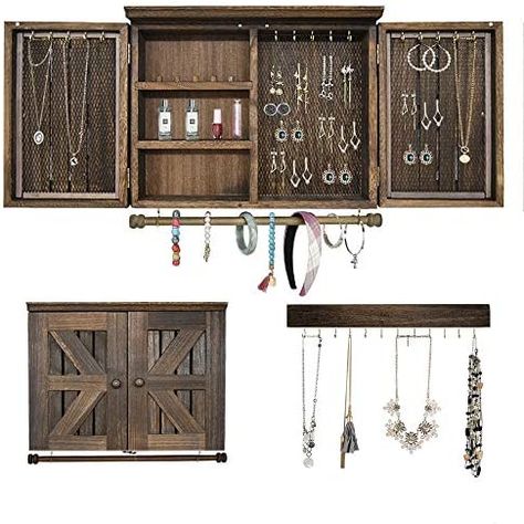 VICKERT Rustic Wall Mount Jewelry Organizers with Wooden Barndoor Decor.Jewelry holder for Necklaces, Earings, Bracelets, Ring Holder, and Accessories.Wall Jewelry Cabinet with Removable Wooden Rod: Boxes & Organisers: Amazon.com.au Wall Mounted Jewelry Organizer, Wooden Barn Doors, Jewelry Storage Diy, Wall Mount Jewelry Organizer, Jewelry Organizer Wall, Rustic Barn Door, Hanging Jewelry Organizer, Jewelry Cabinet, Hanging Jewelry