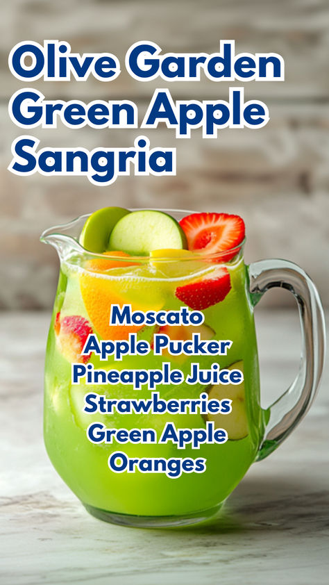 Olive Garden Green Apple Sangria Olive Garden Sangria, Grinch Sangria, Elf Themed Drinks, Green Sangria, Green Mixed Drinks, Olive Garden Apple Sangria Recipe, Green Apple Sangria Olive Garden, Olive Garden Green Apple Sangria, Olive Garden Berry Sangria Recipe