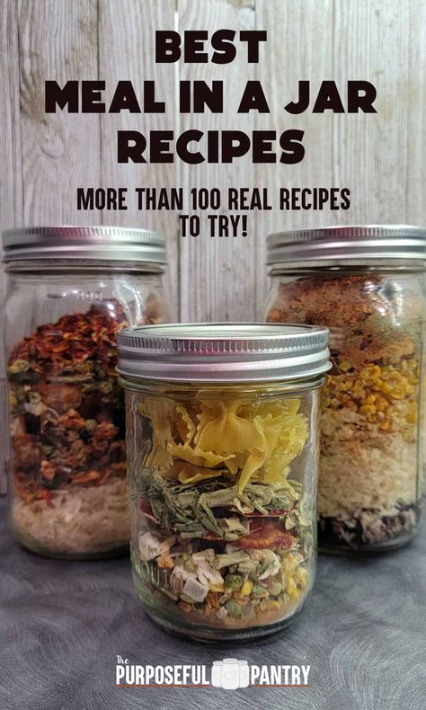 Get the 100 best meals in a jar recipes to stock your pantry, fill your backpack for hiking trips, ad put aside for emergency meals for your family, or give as gifts to others in need. Recipes for soups, stews, casseroles, breakfasts and so much more! Meals In A Jar Recipes, Meal In A Jar Recipes, Jar Food Gifts, Meal In A Jar, Mason Jar Gifts Recipes, Mason Jar Soup, In A Jar Recipes, Dehydrating Food Storage, Dry Soup Mix